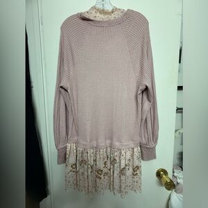Free People Waffle Knit & Floral Mesh Layered Dress – Soft Mauve